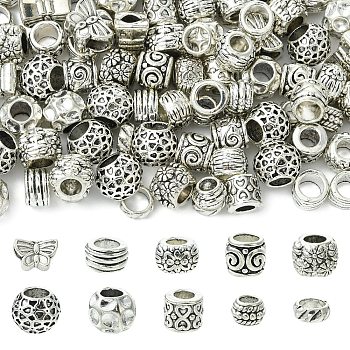 100Pcs 10 Styles Tibetan Style Alloy European Beads, Large Hole Beads, Cadmium Free & Lead Free, Mixed Shape, Antique Silver, 5.5~12x3~9mm, Hole: 4~5.5mm, about 10pcs/style