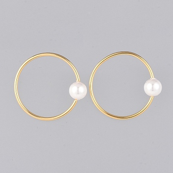 Stud Earring, with Plastic Imitation Pearl Beads and Brass Stud Earring Findings, Ring, Golden, 30x32x8mm, Pin: 0.6mm