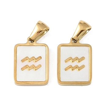 Constellations Natural White Shell Pendants, Ion Plating(IP) 304 Stainless Steel Rectangle Charms, Real 18K Gold Plated, Aquarius, 16x10.5x1.5mm, Hole: 5x3mm