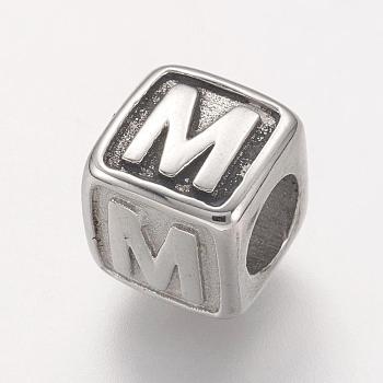 Tarnish Resistant 304 Stainless Steel European Beads, Horizontal Hole, Large Hole Beads, Cube with Letter.M, 8x8x8mm, Hole: 4mm