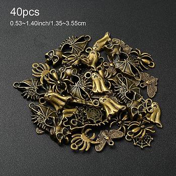 40Pcs 5 Styles Halloween Themed Tibetan Style Alloy Pendants Sets, Cadmium Free & Lead Free Charms, Antique Bronze, 13.5~35.5x13.5~20x2~5mm, Hole: 1.2~2.5mm, 8pcs/style