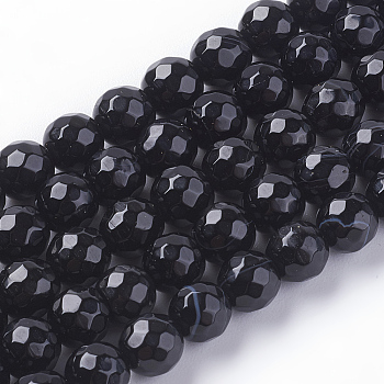 Natural Agate Beads Strands, Grade AB, Faceted, Dyed, Round, Black, 6mm, Hole: 1mm, about 62pcs/strand, 15 inch