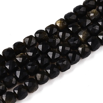 Natural Golden Sheen Obsidian Beads Strands, Faceted, Cube, 4~5x4~5x4~5mm, Hole: 0.8mm, about 92~105pcs/strand, 14.96~15.35 inch(38~39cm)