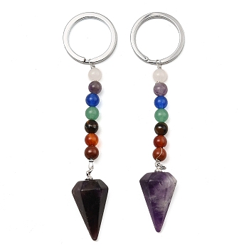 Natural Amethyst Cone Pendant Keychain, with 7 Chakra Gemstone Beads and Platinum Tone Brass Findings, 108mm