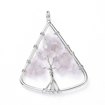 Long-Lasting Plated Brass Pendants, Wire Wrapped Pendants, with Natural Rose Quartz Chips, Triangle with Tree, Platinum, 39~40x30~31x4~8mm, Hole: 4.5mm