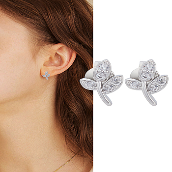 1 Pair Brass Rhinestone Stud Earrings, Leaf, Platinum, 9x6mm