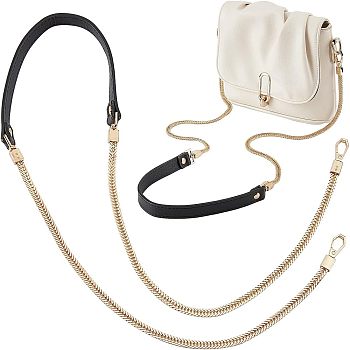 Iron Flat Snake Chain Bag Handles, with PU Leather Shoulder Parts, Zinc Alloy Snap Clasps, for Bag Replacement Accessories, Light Gold, 121x0.7~2.1x0.25~0.7cm