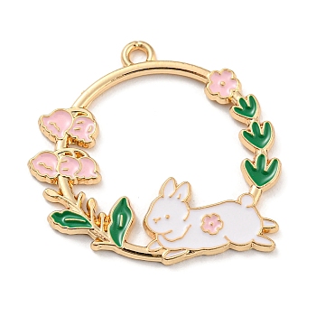 Alloy Enamel Pendants, Golden, Ring with Flower Charm, Rabbit, 29x30x1.5mm, Hole: 2mm