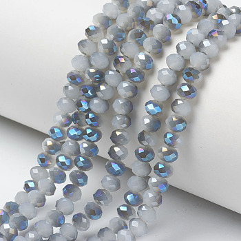 Electroplate Glass Beads Strands, Imitation Jade Beads, Half Plated, Blue Plated, Faceted, Rondelle, Light Blue, 4x3mm, Hole: 0.4mm, about 123~127pcs/strand, 16.5~16.9 inch(42~43cm)
