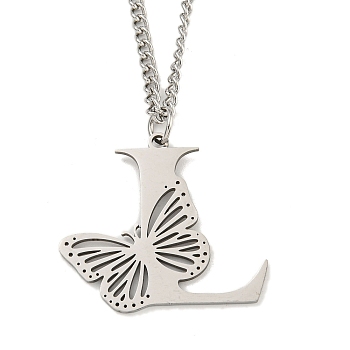 201 Stainless Steel Necklaces, Letter L, 23.74 inch(60.3cm) p: 30.5x34x1.3mm