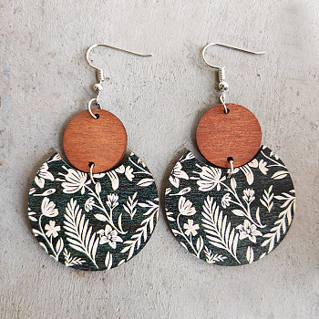 Bohemian Style Wood Dangle Earrings, Flat Round with Pattern, Platinum, Black, 60mm