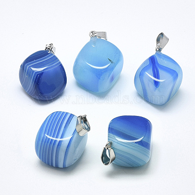 Stainless Steel Color SkyBlue Cube Banded Agate Pendants