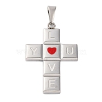 304 Stainless Steel Enamel Pendants, Cross with Word Love You Charm, Stainless Steel Color, 45x30x3.5mm, Hole: 10x4.5mm(STAS-P372-03P)