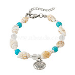 304 Stainless Steel Charm Bracelets, Glass & Synthetic Turquoise & Natural Sea Shell Beaded Bracelets for Women, Shell Shape, Stainless Steel Color, 7.28 inch(18.5cm)(BJEW-TA00711)