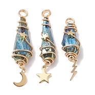 3Pcs 3 Styles Electroplated Natural Quartz Crystal Copper Wire Wrapped Pendants, TearDrop Charms with Golden Tone Alloy Moon & Star & Sun & Lightning Bolt, Dark Olive Green, 44.5~48.5x8~10.5x6.5~13mm, Hole: 4mm, about 1pc/style(PALLOY-JF02586-03)