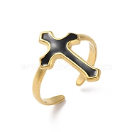 304 Stainless Steel Enamel Cuff Rings, Cross, Golden, Adjustable(RJEW-M171-27G)