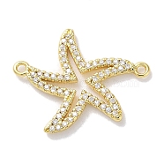 Rack Plating Brass Micro Pave Clear Cubic Zirconia Connector Charms, Starfish Links, Long-Lasting Plated, Lead Free & Cadmium Free, Real 18K Gold Plated, 18x23x2mm, Hole: 1.2mm(KK-Z039-37G)