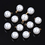 ABS Plastic Imitation Pearl Charms, with Brass Findings, Golden, Round, White, 11.2x8mm, Hole: 1.5mm(SACR-T360-02)