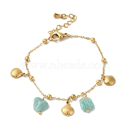 Summer Beach Nuggets Natural Amazonite & Ion Plating(IP) 304 Stainless Steel Charm Bracelets for Women Men, Golden, Shell Shape, 6-1/2 inch(16.4cm)(BJEW-P326-05C-G)