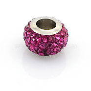 304 Stainless Steel Polymer Clay Rhinestone European Beads, Large Hole Rondelle Beads, Rose, 12.5x8mm, Hole: 5mm(CPDL-J015-23)