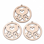 Undyed Natural Wooden Big Pendants, Laser Cut Shapes, Dount with Flower & Word Love, Antique White, 63.5x59.5x2mm, Hole: 1.8mm(X-WOOD-N007-094)