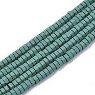 Spray Painted Non-magnetic Synthetic Hematite Beads Strands, Hexagon, Teal, 4x2mm, Hole: 0.9mm, about 82~87pcs/strand, 16.14 inch(41cm)(G-R468-02C-03)