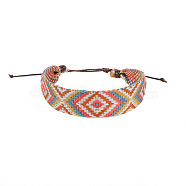 Cotton Flat Cord Bracelet with Wax Ropes, Braided Ethnic Tribal Adjustable Bracelet for Women, Rhombus, 7-1/4 inch(18.5cm)(PW-WG81226-02)