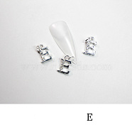 Alloy Rhinestone Cabochons, Nail Art Decoration Accessories, with Jump Ring, Letter, Platinum, Letter.E, 11~14x5~12mm(MRMJ-T056-93P-E)