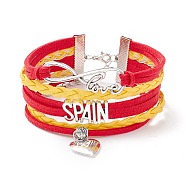 Infinity Love Heart Spain Word Charm Multi- strand Bracelet, Braided Leather Cord Country Flag Bracelet for Men Women, Silver, Red, 7-1/8 inch(18cm)(BJEW-C008-01)