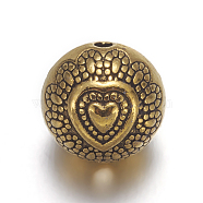 Tibetan Style Alloy Beads, Lead Free & Cadmium Free, Round with Heart, Antique Golden, about 10mm in diameter, 8mm thick, Hole: 1.5mm(X-GAB5825Y)