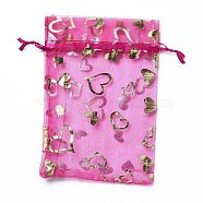Organza Drawstring Jewelry Pouches, Wedding Party Gift Bags, Rectangle with Gold Stamping Heart Pattern, Fuchsia, 15x10x0.11cm(OP-I001-B08)