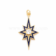 Brass Micro Pave Clear Cubic Zirconia Pendants, with Enamel and Jump Ring, Cadmium Free & Nickel Free & Lead Free, Star, Real 16K Gold Plated, Blue, 34.5x18x4mm, Jump Ring: 4.5x0.8mm, 2.9mm inner diameter(ZIRC-S067-071C-NR)