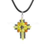 Transparent Electroplate Glass Pendant Necklaces, Seed Beads  Pendant Necklaces, Imitation Leather Cord, Cross, Yellow, 17.72 inch(45cm)(NJEW-MZ00040-03)