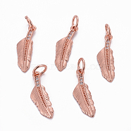 Brass Pendants, with Cubic Zirconia, Feather, Clear, Rose Gold, 17x5x1mm, Hole: 3.5mm(ZIRC-L070-64RG)
