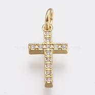 Brass Micro Pave Cubic Zirconia Pendants, Lead Free & Cadmium Free, Cross, Golden, 16x8.5x2mm, Hole: 2.5mm(X-ZIRC-F083-008G-RS)