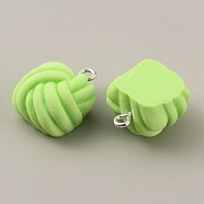 Opaque Resin Pendants, Frosted Square Yarn Ball Charms, with Platinum Tone Iron Findings, Pale Green, 20x15.5x11mm, Hole: 2mm(RESI-WH0029-24P-03)