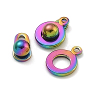 Ion Plating(IP) 201 Stainless Steel Snap Clasps, Round, Rainbow Color, 15x9.5x5mm, Hole: 1mm and 2mm(STAS-F139-082M)