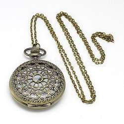 Alloy Flat Round Pendant Necklace Pocket Watch, with Iron Chains and Lobster Claw Clasps, Quartz Watch, Antique Bronze, 31.5 inches, Watch Head: 61x47x16mm(WACH-N012-04)
