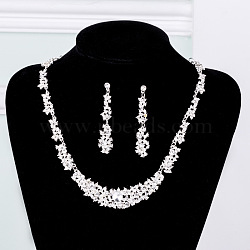 Flower Alloy Crystal Rhinestone Link Necklaces & Stud Dangle Earring Sets for Women, Silver, 400mm(FS-WG2AC0B-01)