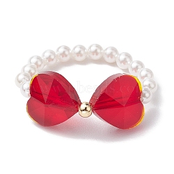 Heart Bowknot Transparent Glass & Shell Pearl Beaded Finger Rings, FireBrick, Inner Diameter: 18mm(RJEW-TA00123)