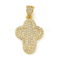 Rack Plating Brass Micro Pave Clear Cubic Zirconia Pendants, Long-Lasting Plated, Lead Free & Cadmium Free, Cross Charm, Real 18K Gold Plated, 27x19x3.5mm, Hole: 4.5x3.5mm(KK-Z067-03G-02)