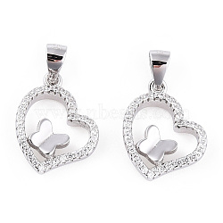 Rhodium Plated 925 Sterling Silver Micro Pave Clear Cubic Zirconia Pendants, Butterfly Heart Charms with 925 Stamp, Real Platinum Plated, 17.5x14x3mm, Hole: 3x5mm(STER-T007-48P)