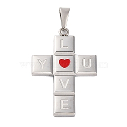 304 Stainless Steel Enamel Pendants, Cross with Word Love You Charm, Stainless Steel Color, 45x30x3.5mm, Hole: 10x4.5mm(STAS-P372-03P)