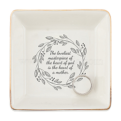 Porcelain Square Ring Holder, Jewelry Tray, for Holding Small Jewelries, Rings, Necklaces, Earrings, Bracelets, Trinket, for Women Girls Birthday Gift, Word, 10.5x10.5x2.7cm(DJEW-WH0013-019)