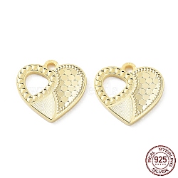925 Sterling Silver Charms, Heart with Polka Dot Charm, Textured, Real 18K Gold Plated, 12x13x1.2mm, Hole: 1.5mm(X-STER-C003-16G)