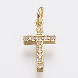 Brass Micro Pave Cubic Zirconia Pendants, Lead Free & Cadmium Free, Cross, Golden, 16x8.5x2mm, Hole: 2.5mm(X-ZIRC-F083-008G-RS)