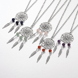 Iron Pendant Necklaces, with Alloy Leaf Findings and Natural Gemstone, 18.1 inch(NJEW-JN01342)
