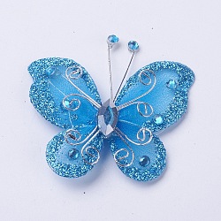 Polyester Butterfly Decoration, with Iron and Acrylic Rhinestone, Dodger Blue, 50~56x54~56x5~7mm(DIY-WH0018-03B)