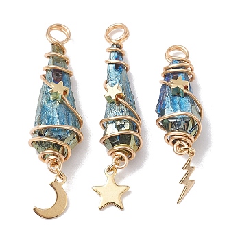3Pcs 3 Styles Electroplated Natural Quartz Crystal Copper Wire Wrapped Pendants, TearDrop Charms with Golden Tone Alloy Moon & Star & Sun & Lightning Bolt, Dark Olive Green, 44.5~48.5x8~10.5x6.5~13mm, Hole: 4mm, about 1pc/style