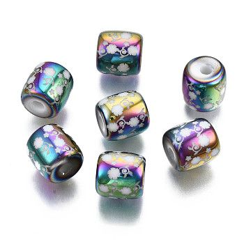 Electroplate Glass Beads, Column with Flower Pattern, Colorful, 11.5x11.5mm, Hole: 2.5mm, about 100pcs/bag